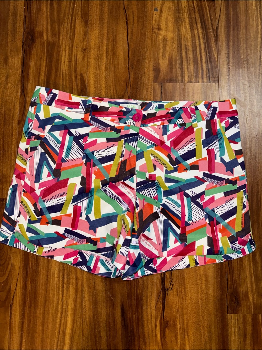 Jade Abstract Multicolor Geometric mid-thigh flat-front tailored shorts